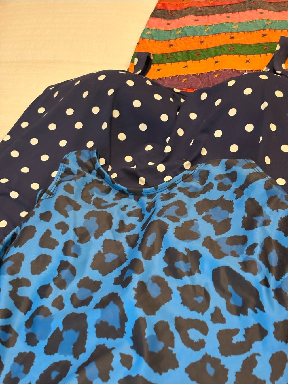 Lands' End Navy Polka Dot Swim Suit Top and Holidaze BLue Leopard Swim Top